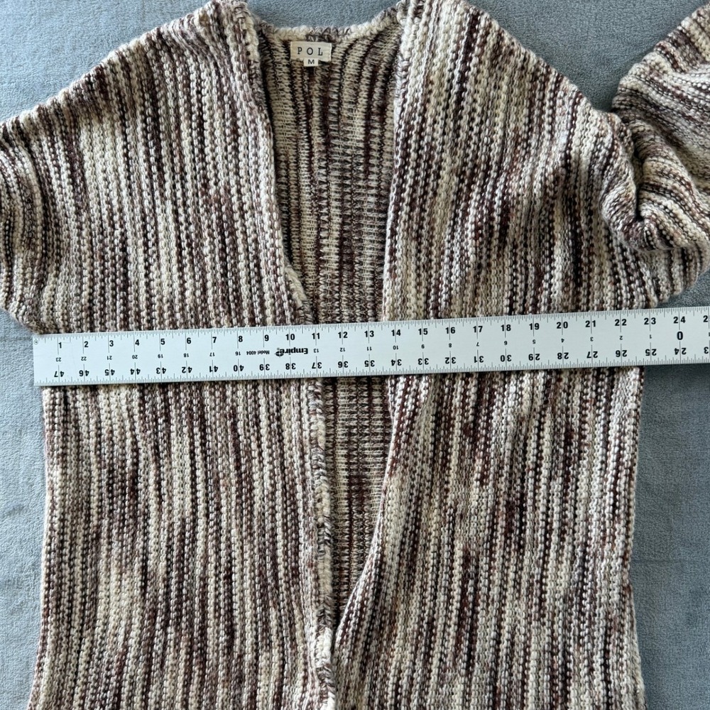 POL Open Front Cardigan Sweater Womens M Brown Cream Space Dye Fringe Boho - Picture 6 of 7
